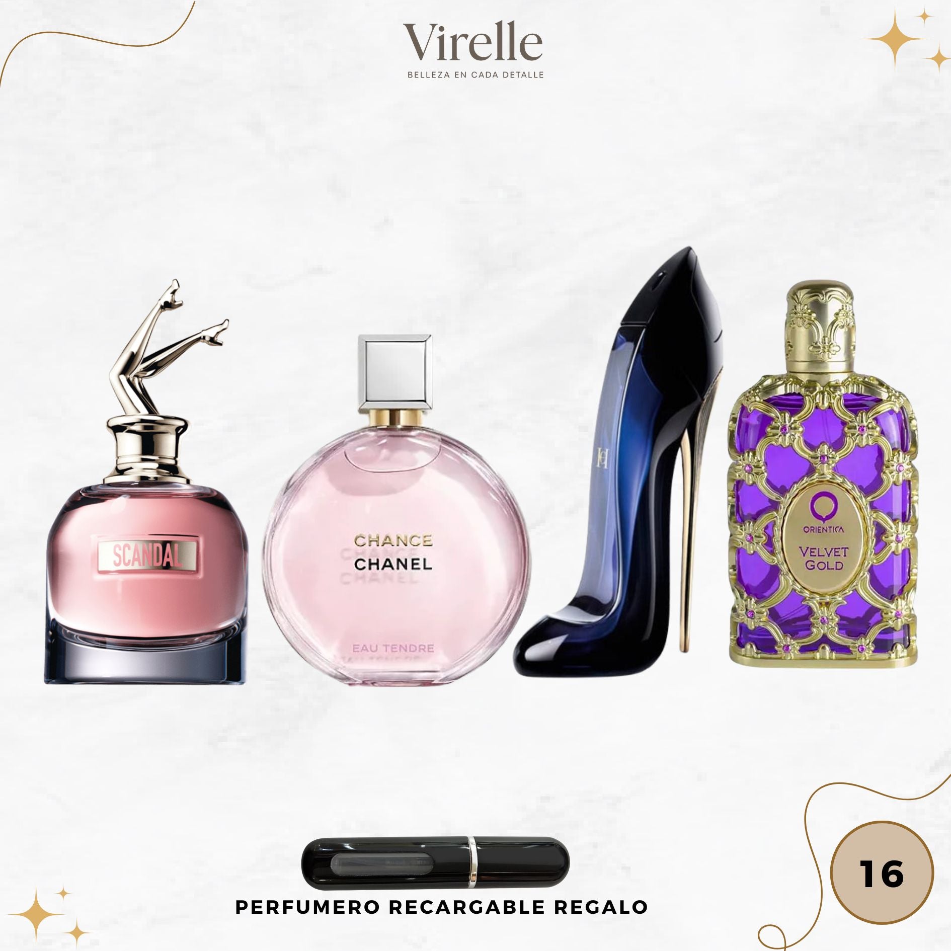 16 - 4 Perfumes + Perfumero de regalo