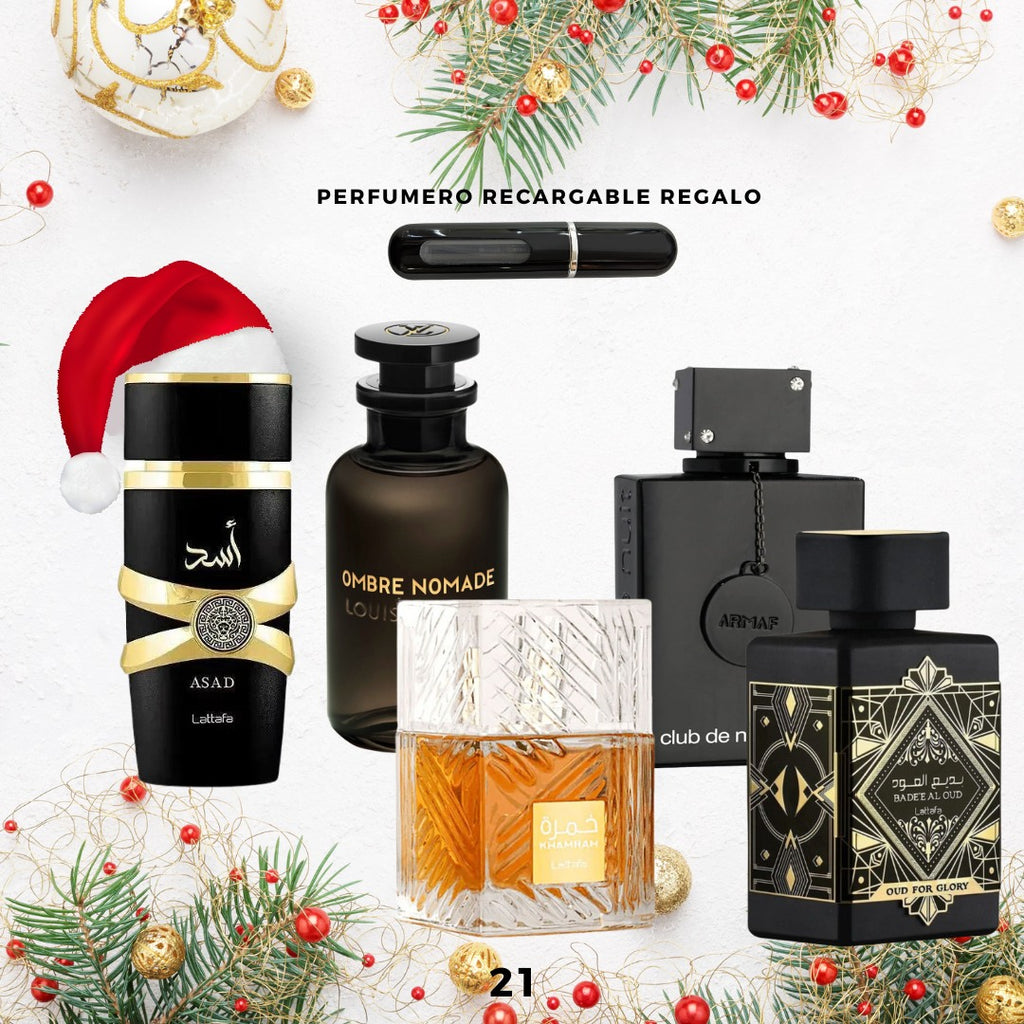 21 - 5 Perfumes + Perfumero de regalo (Asad - Club - Khamrah - Oud for glory - Ombre)