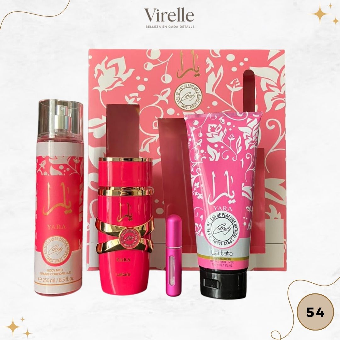 54 - ESTUCHE YARA CANDY (Perfume + crema + spray + Perfumero de regalo)
