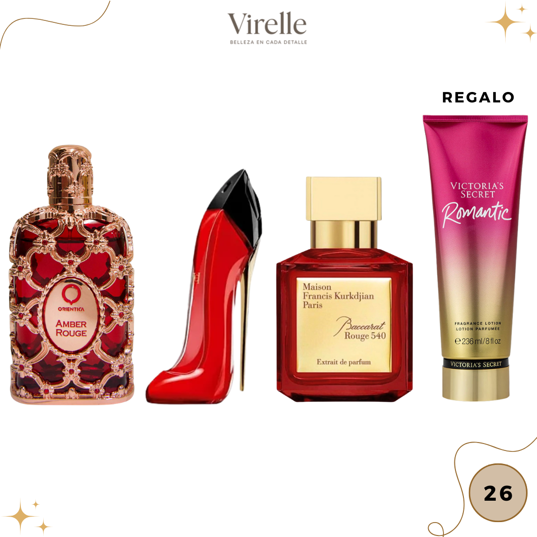 26 - 3 Perfumes + crema de regalo ( Amber Rouge-good girl - Baccarat + crema)