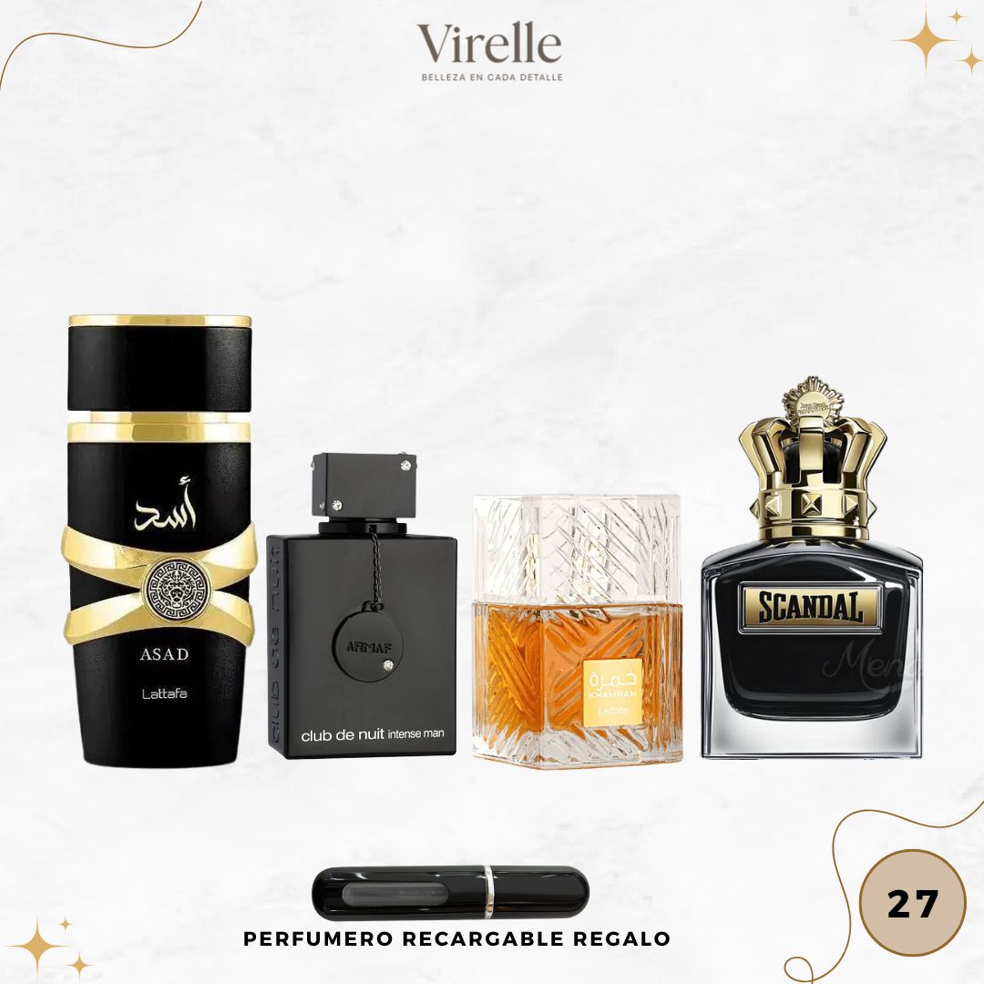 27 - 4 Perfumes + Regalo (Club The Nuit, Scandal Men, Khamrah, Asad más un perfumero recargable)