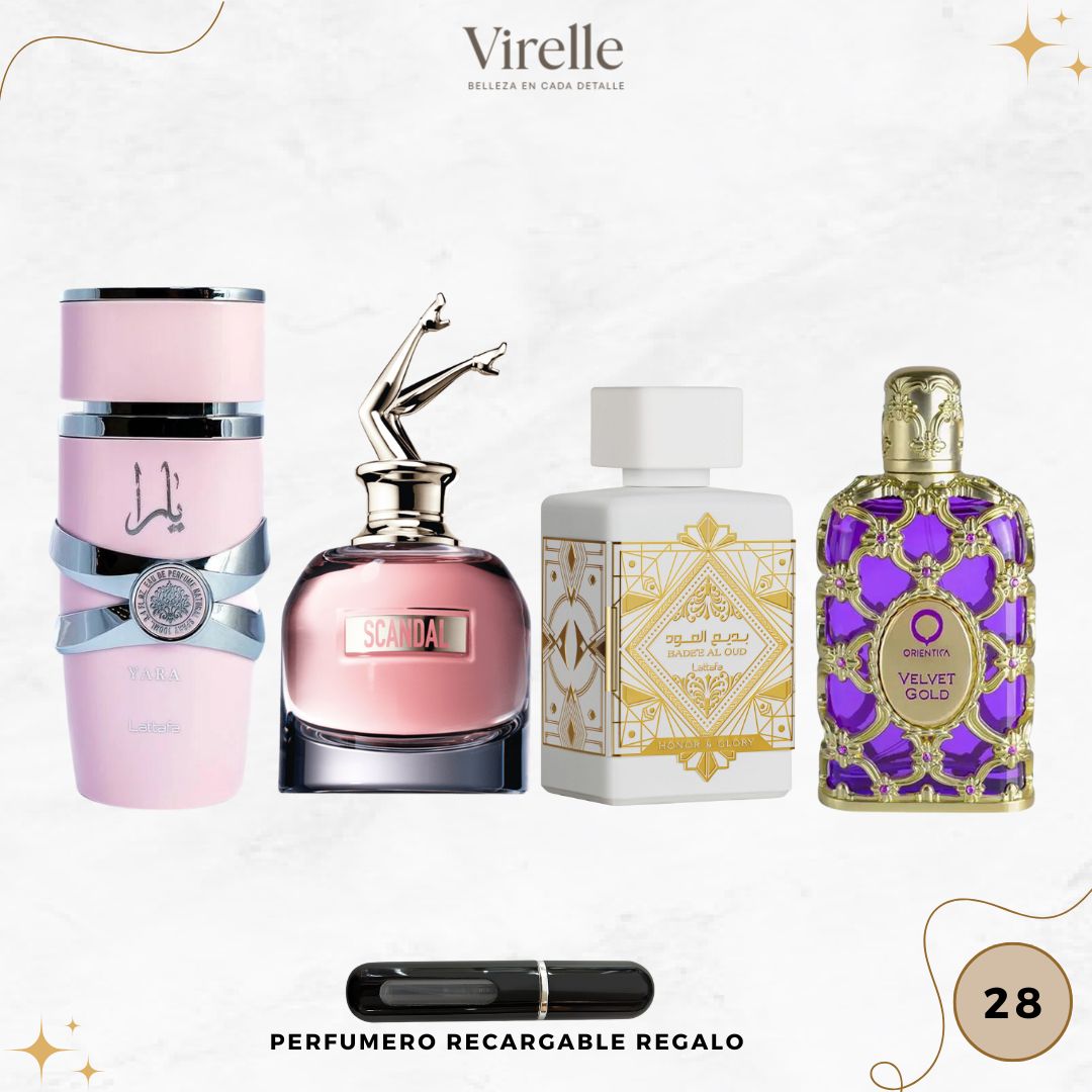 28 - 4 Perfumes + Regalo (Velvet Gold, Honor y Glory, Scandal , Yara más un perfumero recargable
