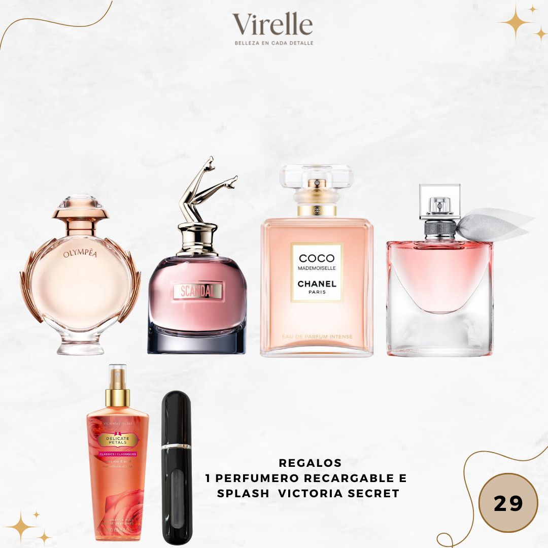 29 - 4 Perfumes + Regalos (scandal, coco chanel, olympea, la vie est belle, más perfumero recargable y un splash victoria secret