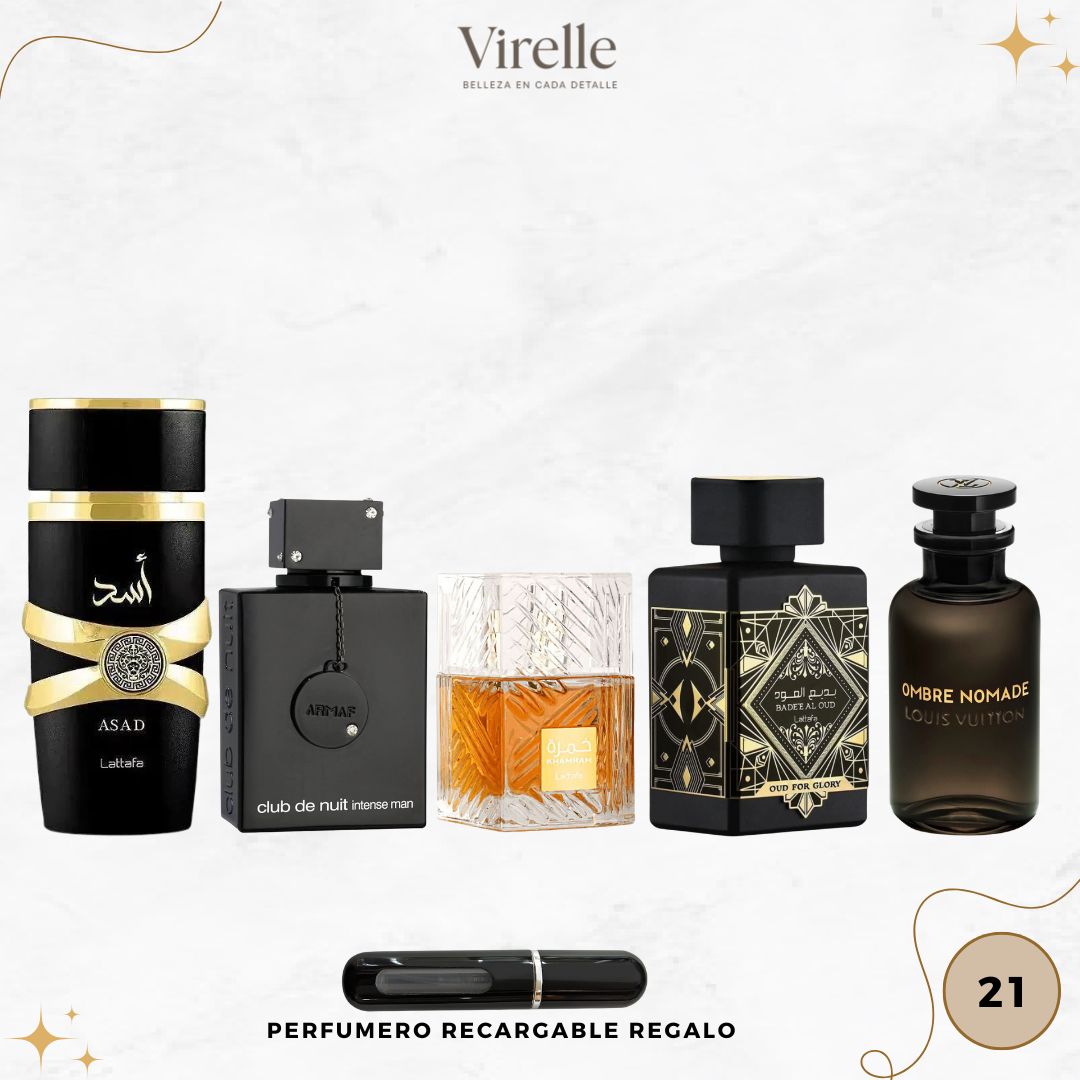 21 - 5 Perfumes + Perfumero de regalo (Asad - Club - Khamrah - Oud for glory - Ombre)
