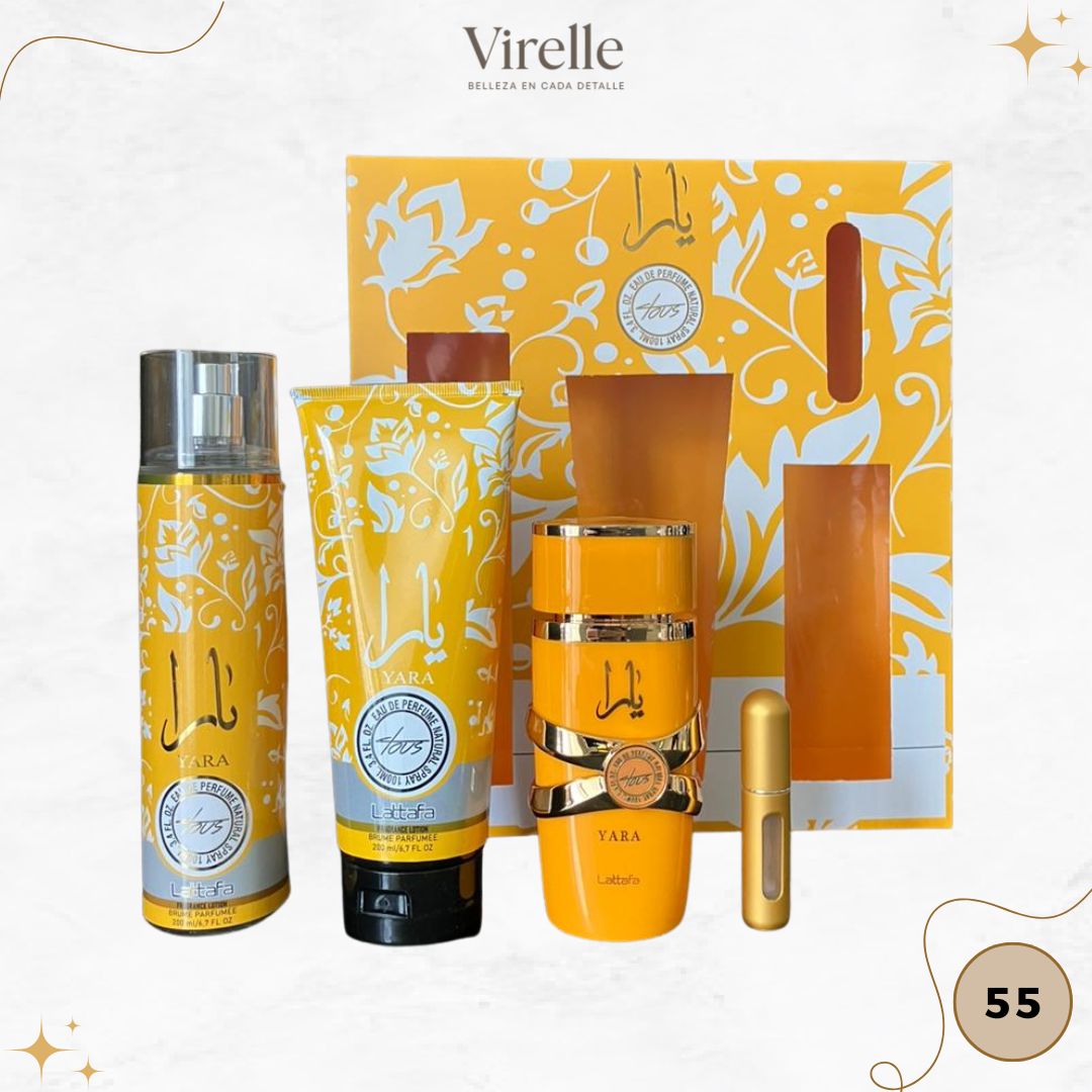 55 - ESTUCHE YARA TOUSH (Perfume + crema + spray + Perfumero de regalo)