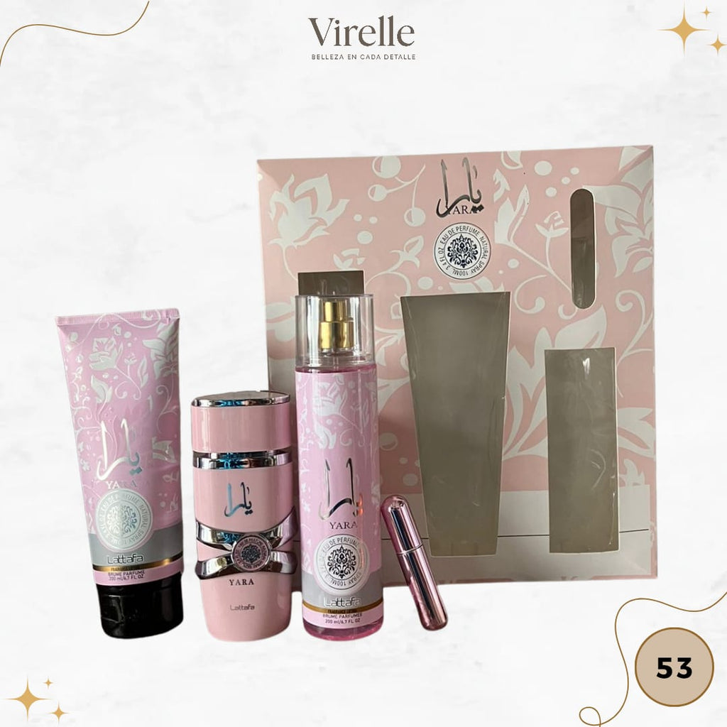 53 - ESTUCHE YARA ROSADA (Perfume + crema + spray + Perfumero de regalo)