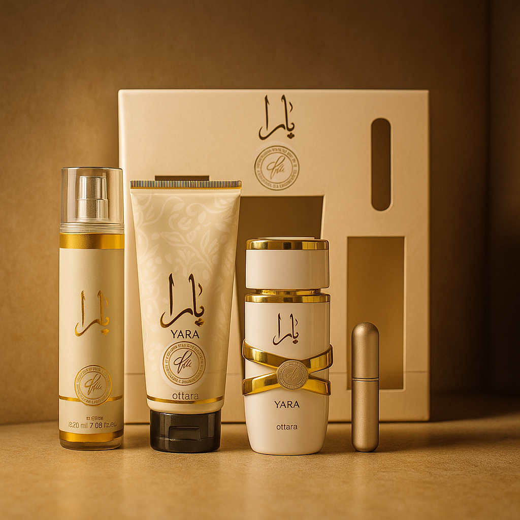 ESTUCHE YARA MOI (Perfume + crema + spray + Perfumero de regalo)