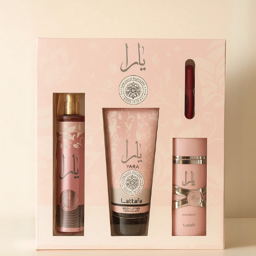 ESTUCHE YARA ROSADA (Perfume + crema + spray + Perfumero de regalo)