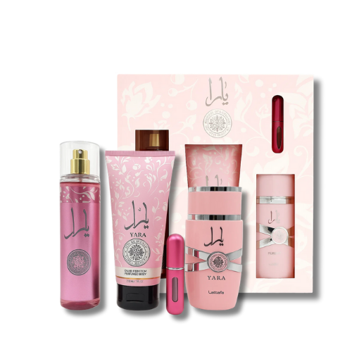 ESTUCHE YARA ROSADA (Perfume + crema + spray + Perfumero de regalo)